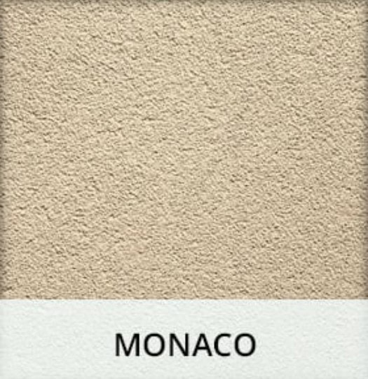 Acrylic parging sample in Monaco color, showcasing a smooth medium pebble texture suitable for wall finishes, emphasizing aesthetic appeal and color consistency.